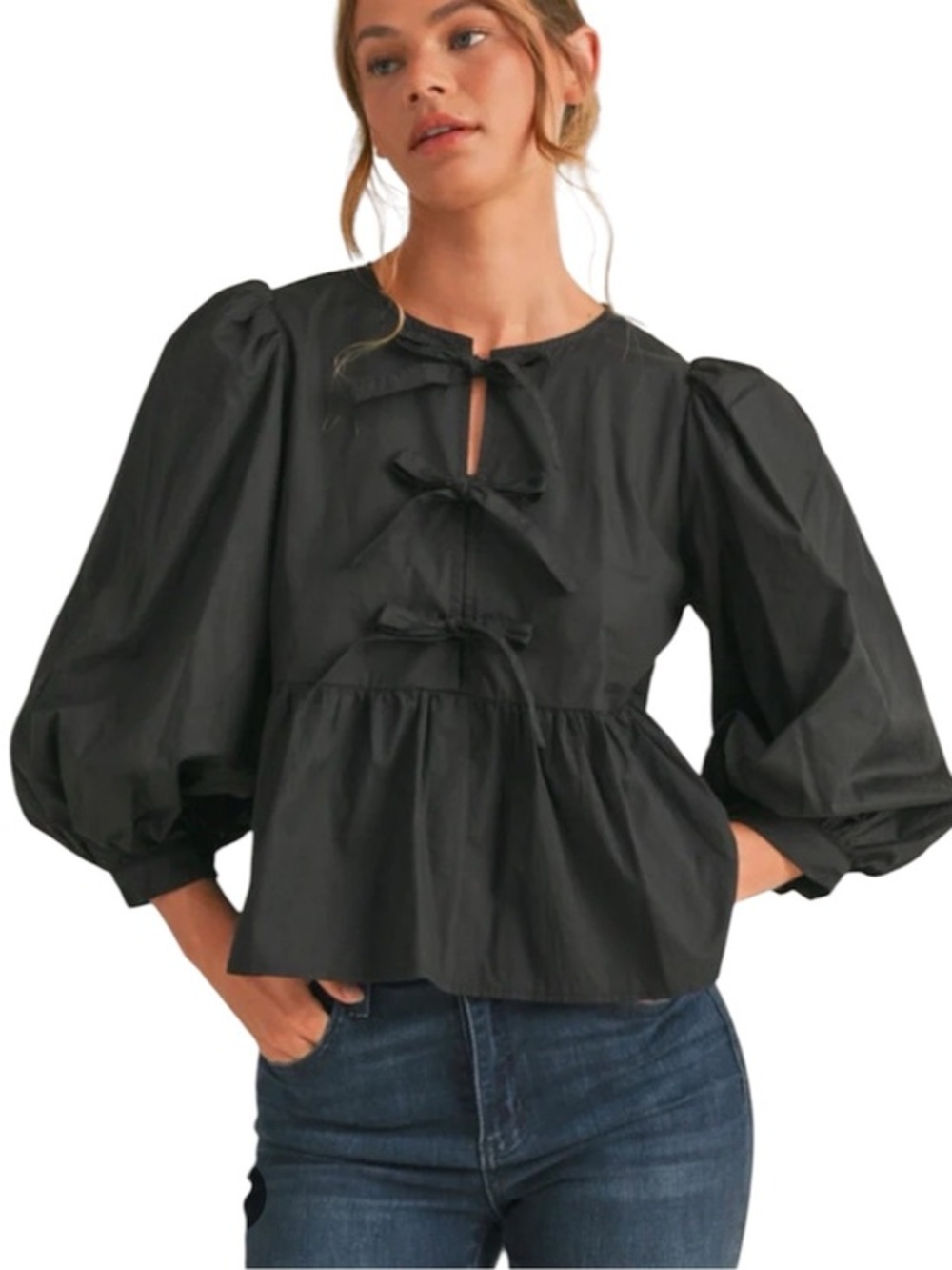 Cotton Puff-Sleeve Tie-Front Peplum Blouse — Black